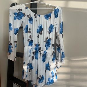White romper with blue flowers, long sleeve